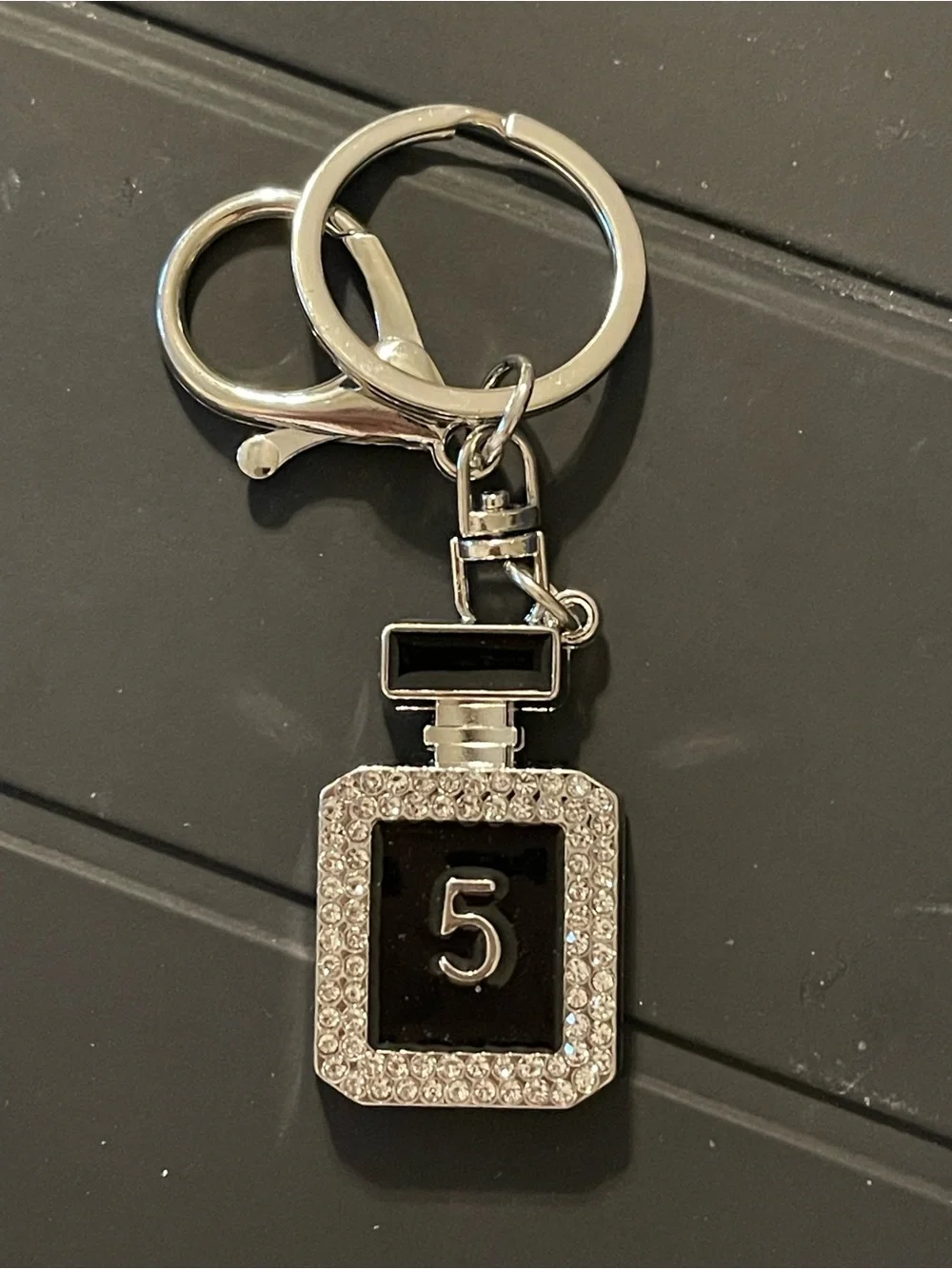 Rhinestone '5' Perfume Bottle Purse Charm or Keychain - Silver & Black